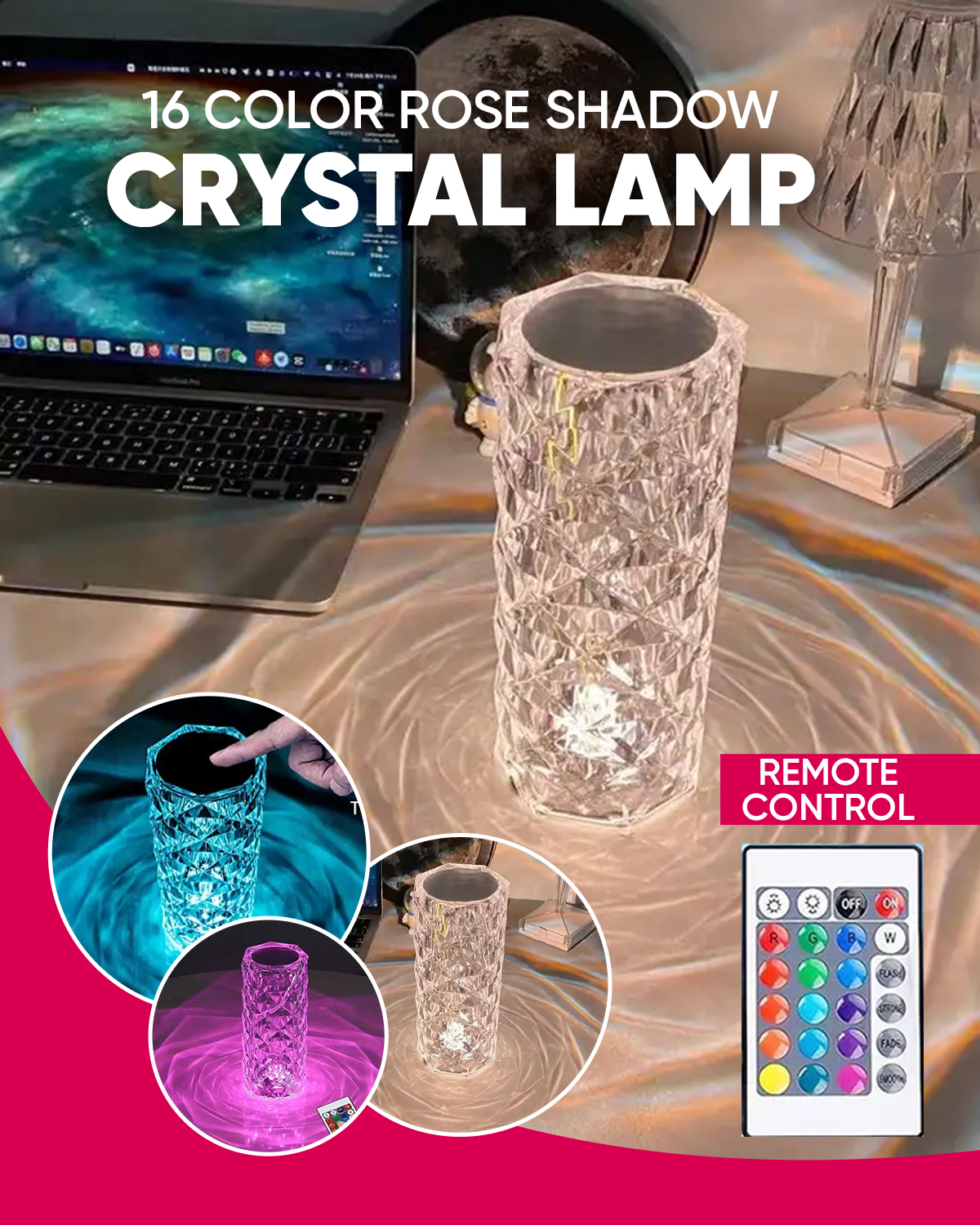 rechargable Rose Crystal Lamp 16 Color with Remote